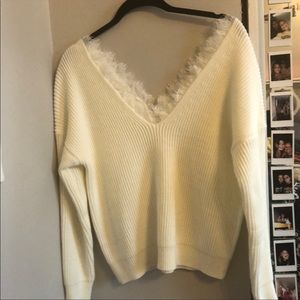 Cream v neck lace trimmed sweater